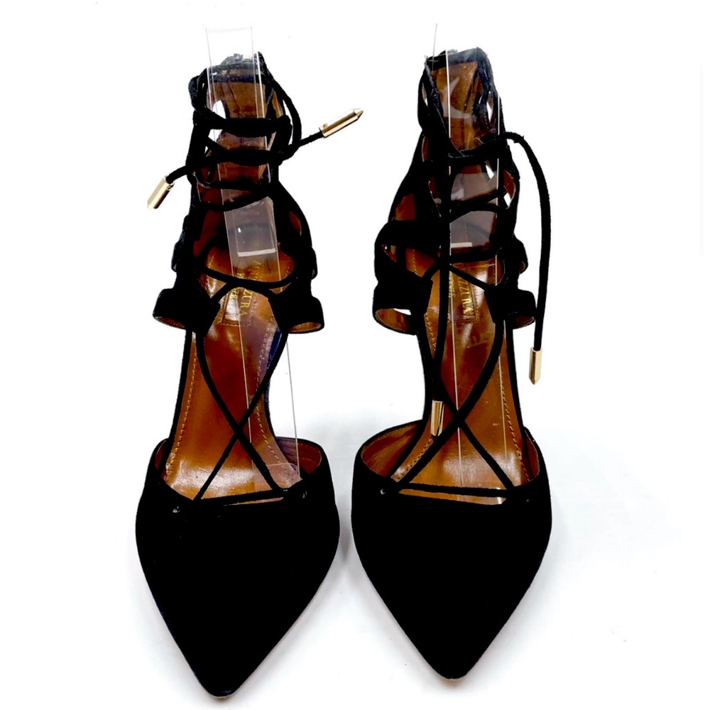 Aquazzura Belgravia Pumps Black Suede Lace Up Heels Pointed Toe Sz 36 / 6.